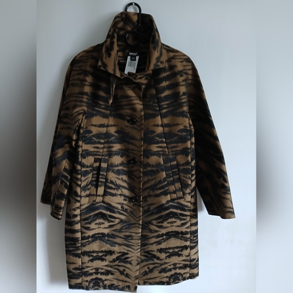 DKNY Black & Brown Animal Print Mid Length Lightweight Coat SzS Pockets - Picture 7 of 16